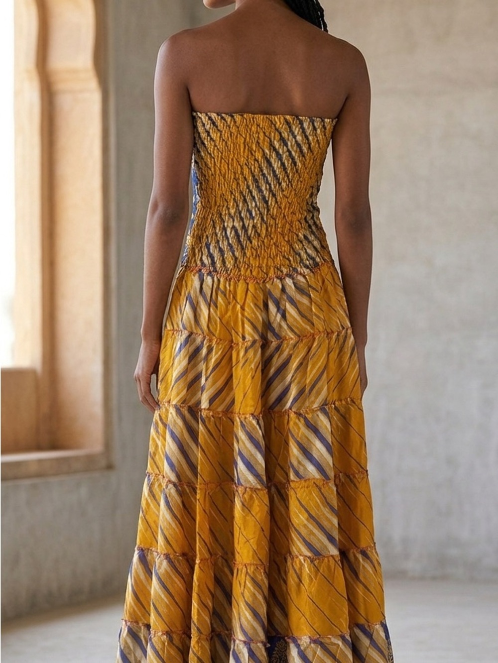 Boho Strapless Tiered Silk Maxi Dress – Yellow & Blue Pattern - Picture 2 of 3
